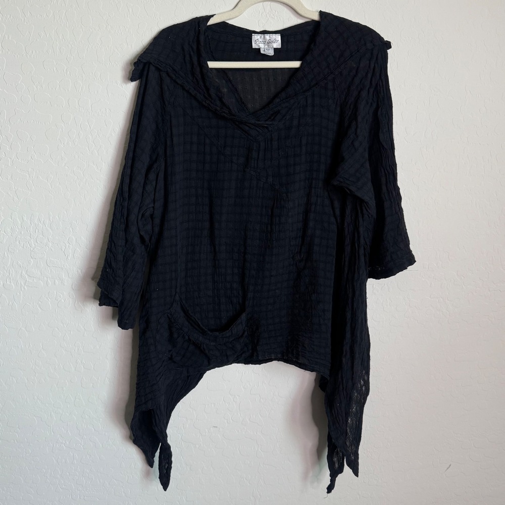 Paco Soler Black Cotton Gauze Lagenlook Tunic Handkerchief Top XL Boho Pockets